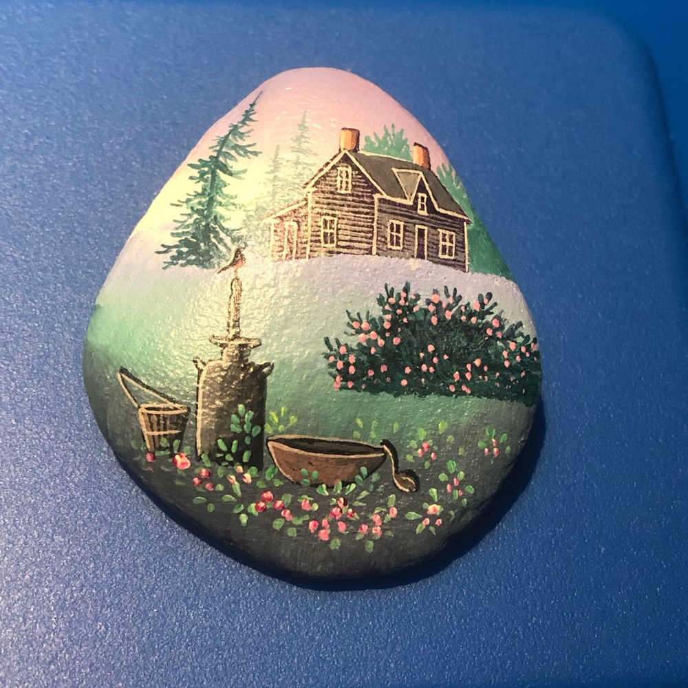 Gorgeous Hand-Painted Signed DWE Scenic Stone Brooch Pin